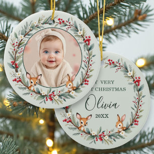 Sagegroene bos baby eerste kerst foto keramisch ornament