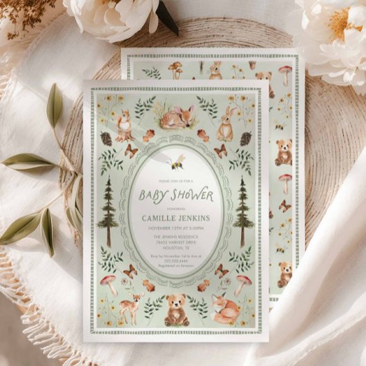 Sagegroene bos baby shower uitnodiging