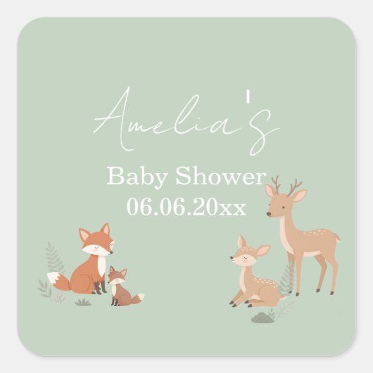 Sagegroene bosdier baby shower vierkante sticker (Voorkant)