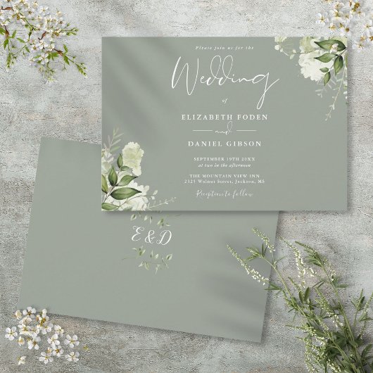 Sagegroene botanische groene monogram bruiloft kaart