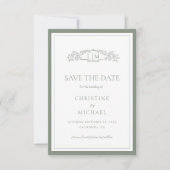Sagegroene botanische kuif monogram bruiloft save the date (Voorkant)