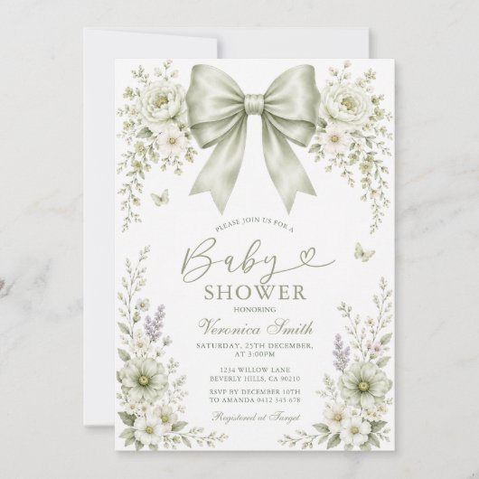 Sagegroene BOW Coquette Baby Shower Uitnodiging (Voorkant)