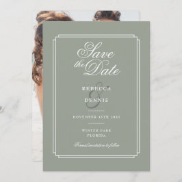 Sagegroene chic script art deco foto trouwdag save the date