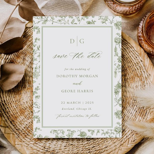 Sagegroene Chinoiserie Platte Save The Date Kaart