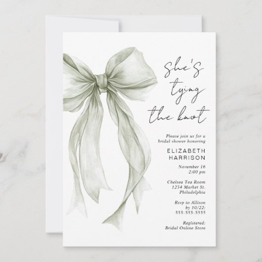 Sagegroene Coquette Strik Waterverf Bruidsdouche Kaart (Voorkant)