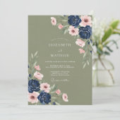 Sagegroene Donkerblauwe Botanische Bruiloft Kaart (Staand voorkant)