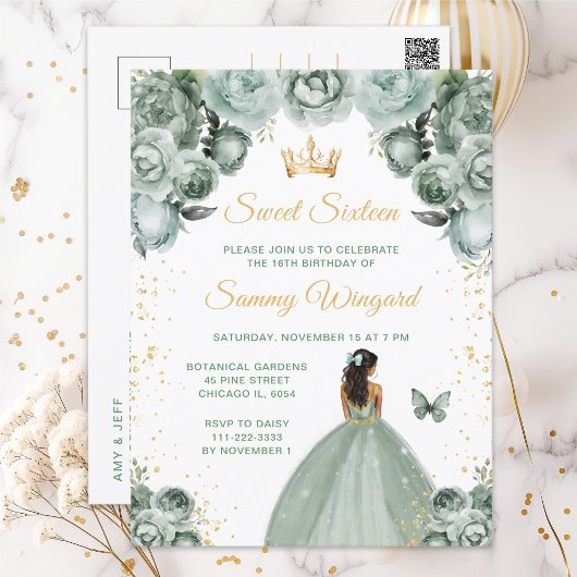 Sagegroene donkere huid prinses Sweet Sixteen Briefkaart