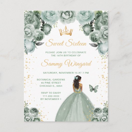 Sagegroene donkere huid prinses Sweet Sixteen Briefkaart (Voorkant)