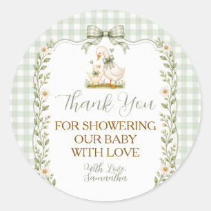 Sagegroene Dwaas Gans Babyshower Madeliefje Bedank Ronde Sticker