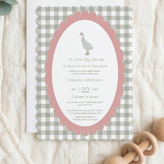 Sagegroene Dwaze Gans Baby Shower QR Code Kaart