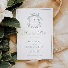 Sagegroene Elegante Barokke Wapen Monogram Bruilof Save The Date