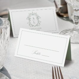 Sagegroene Elegante Barokke Wapen Monogram Huwelij Plaatskaartje