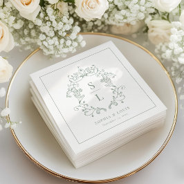 Sagegroene Elegante Barokke Wapen Monogram Huwelij Servet