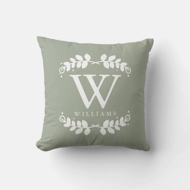 Sagegroene Elegante Monogram Kussen (Voorkant)