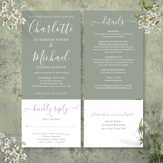 Sagegroene Elegante Script All-in-One Trouwset Kaart
