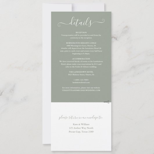 Sagegroene Elegante Script All-in-One Trouwset Kaart (Achterkant)