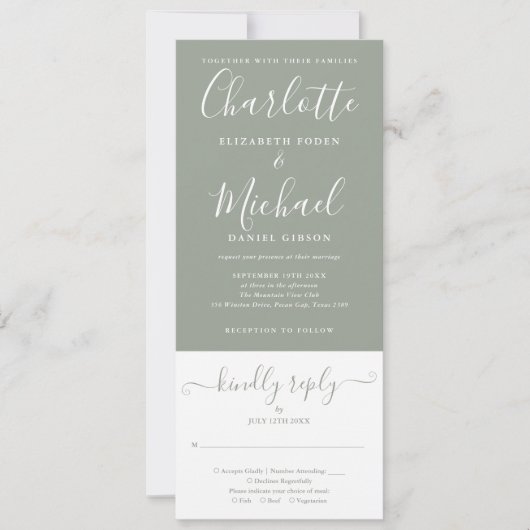 Sagegroene Elegante Script All-in-One Trouwset Kaart (Voorkant)