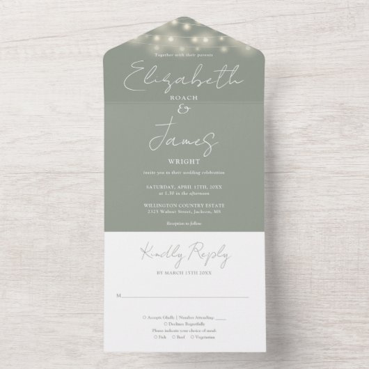 Sagegroene Elegante Script Slang Lichtjes Bruiloft All In One Uitnodiging (Binnen)