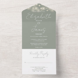Sagegroene Elegante Script Slang Lichtjes Bruiloft All In One Uitnodiging