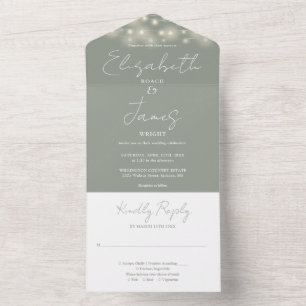 Sagegroene Elegante Script Slang Lichtjes Bruiloft All In One Uitnodiging