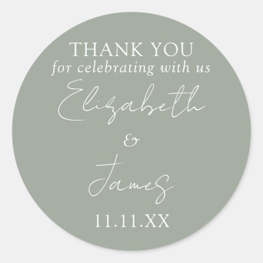 Sagegroene Elegante Script Trouw Dank Je Ronde Sticker (Voorkant)
