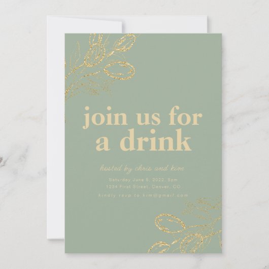 Sagegroene en gouden diner cocktailparty uitnodigi kaart (Voorkant)