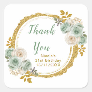 Sagegroene en gouden elegante bloemen verjaardagsf vierkante sticker