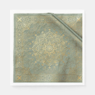 Sagegroene en gouden Mughal-mandala-papieren serve Servet