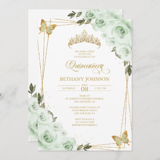 Sagegroene en gouden Quinceañera-uitnodiging Kaart (Voorkant / Achterkant)