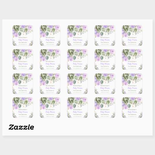 Sagegroene en paarse bloemige baby shower-boekenle vierkante sticker (Vel)