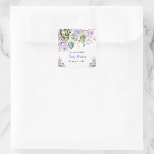 Sagegroene en paarse bloemige baby shower-boekenle vierkante sticker (Tas)