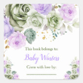 Sagegroene en paarse bloemige baby shower-boekenle vierkante sticker (Voorkant)