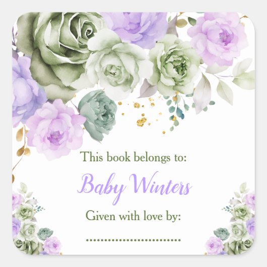 Sagegroene en paarse bloemige baby shower-boekenle vierkante sticker (Voorkant)