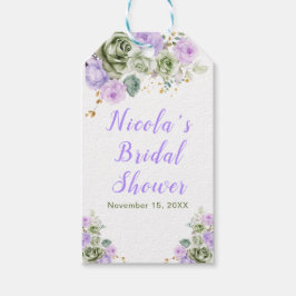 Sagegroene en paarse bloemige bruidsdouche cadeaulabel