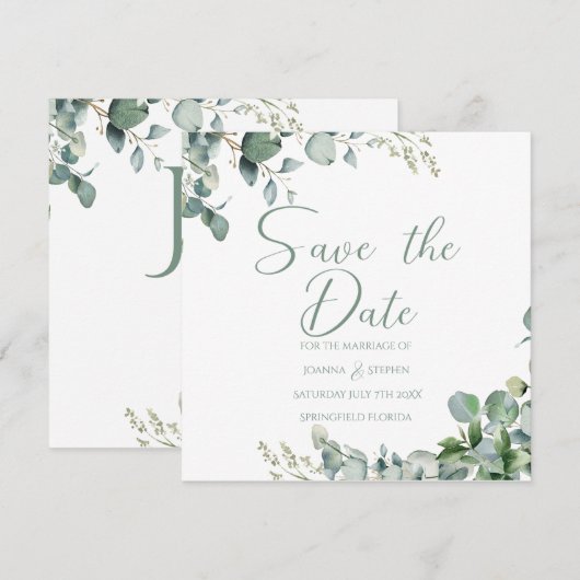 Sagegroene eucalyptus minimalistische save-the-dat kaart (Voorkant / Achterkant)