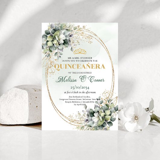 Sagegroene Eucalyptus Quinceañera Boho Uitnodiging