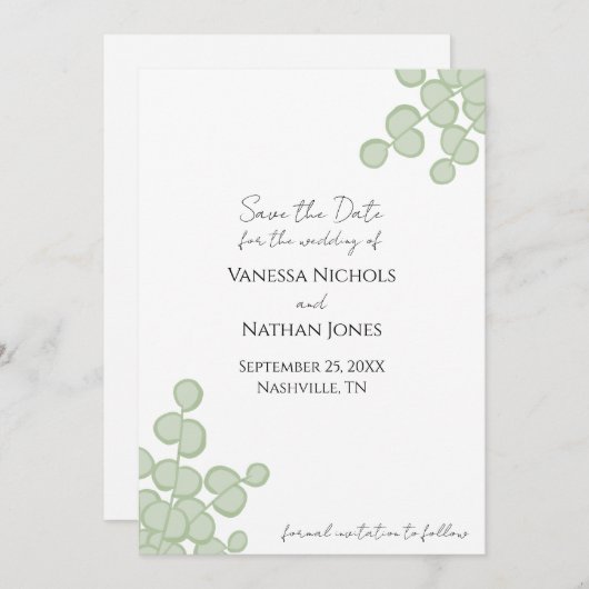 Sagegroene Eucalyptus Save The Date Uitnodiging (Voorkant / Achterkant)