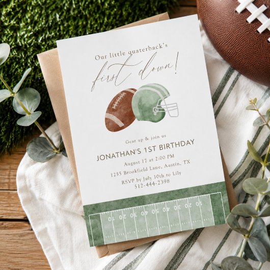 Sagegroene First Down Voetbal Eerste Verjaardag Kaart