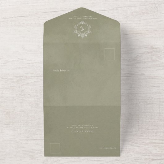 Sagegroene Fluwelen Elegante Baroklijst Bruiloft All In One Uitnodiging (Buitenkant)