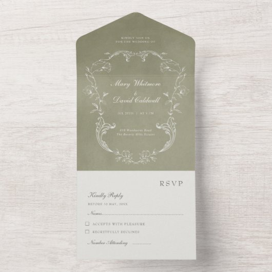 Sagegroene Fluwelen Elegante Baroklijst Bruiloft All In One Uitnodiging (Binnen)