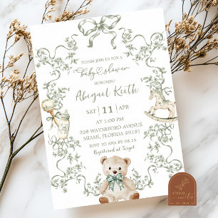 Sagegroene Franse Toile Jongens Baby Shower Uitnod Kaart