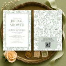 Sagegroene Franse Toile QR Code Bruidsuitnodiging