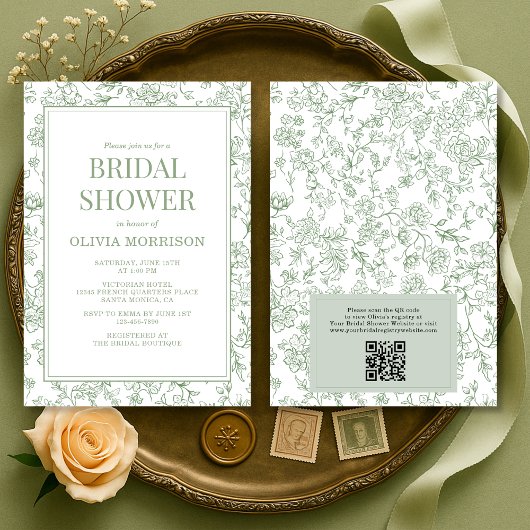 Sagegroene Franse Toile QR Code Bruidsuitnodiging Kaart