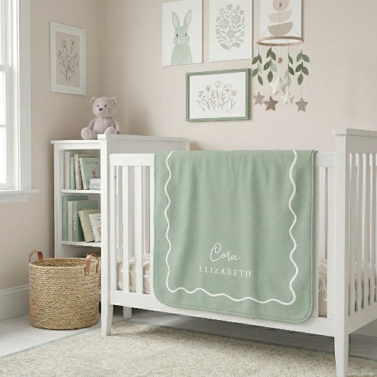 Sagegroene gegolfde rand monogram sherpa deken