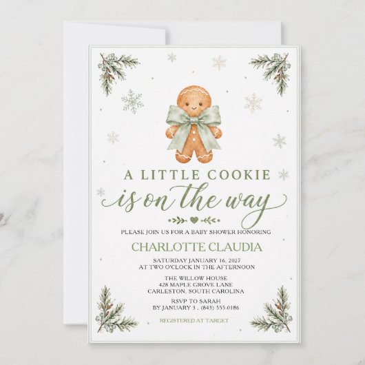 Sagegroene gemberkoek babyshower uitnodiging (Voorkant)