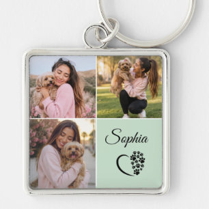 Sagegroene gepersonaliseerde naam 3 foto sleutelhanger