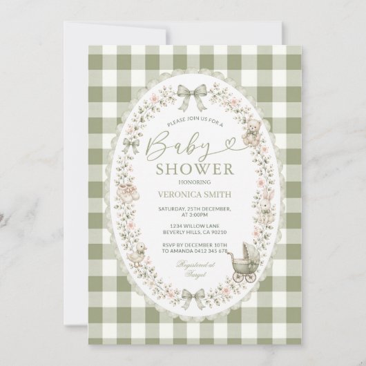 Sagegroene geruite babyshoweruitnodiging kaart (Voorkant)