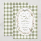 Sagegroene geruite babyshoweruitnodiging kaart (Voorkant / Achterkant)