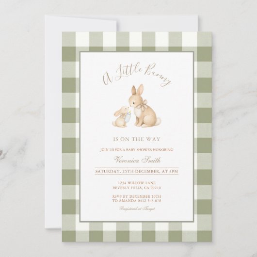 Sagegroene geruite konijn babyshower uitnodiging (Voorkant)