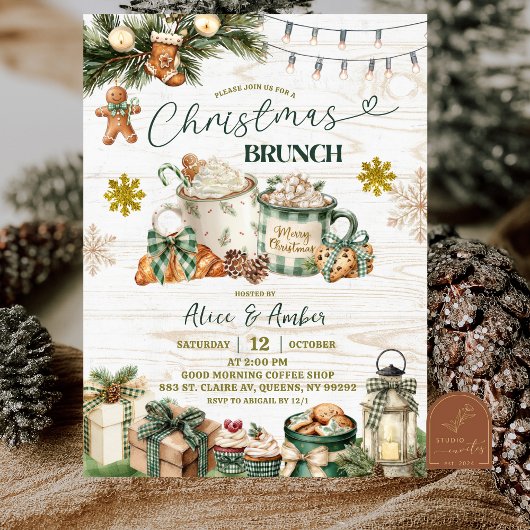 Sagegroene geruite rustieke kerstbrunch kaart